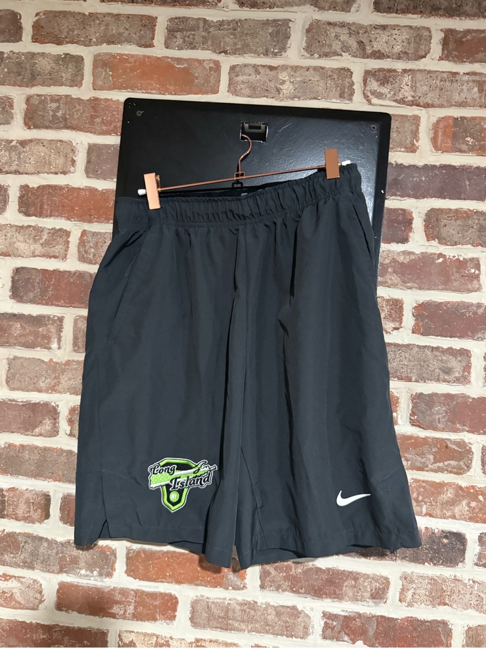 Nike Men’s Black Athletic Shorts with Green Long Island Patch